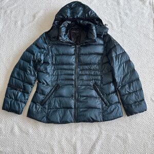 Andrew Marc Mens L Hooded Down Puffer Jacket Teal 650 Fill Power Winter Coat